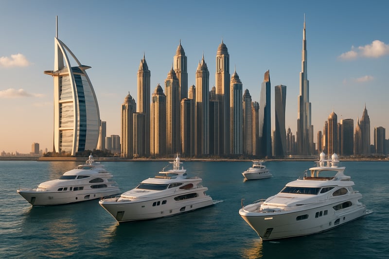 Dubai skyline with luxury yachts and iconic landmarks