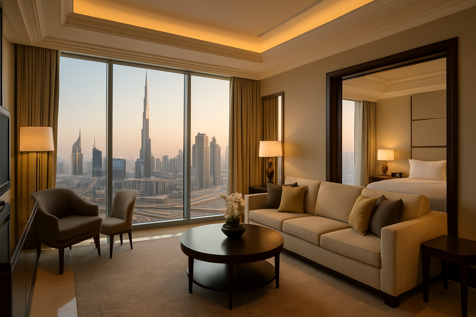 Lavish suite in a Dubai luxury hotel overlooking the city