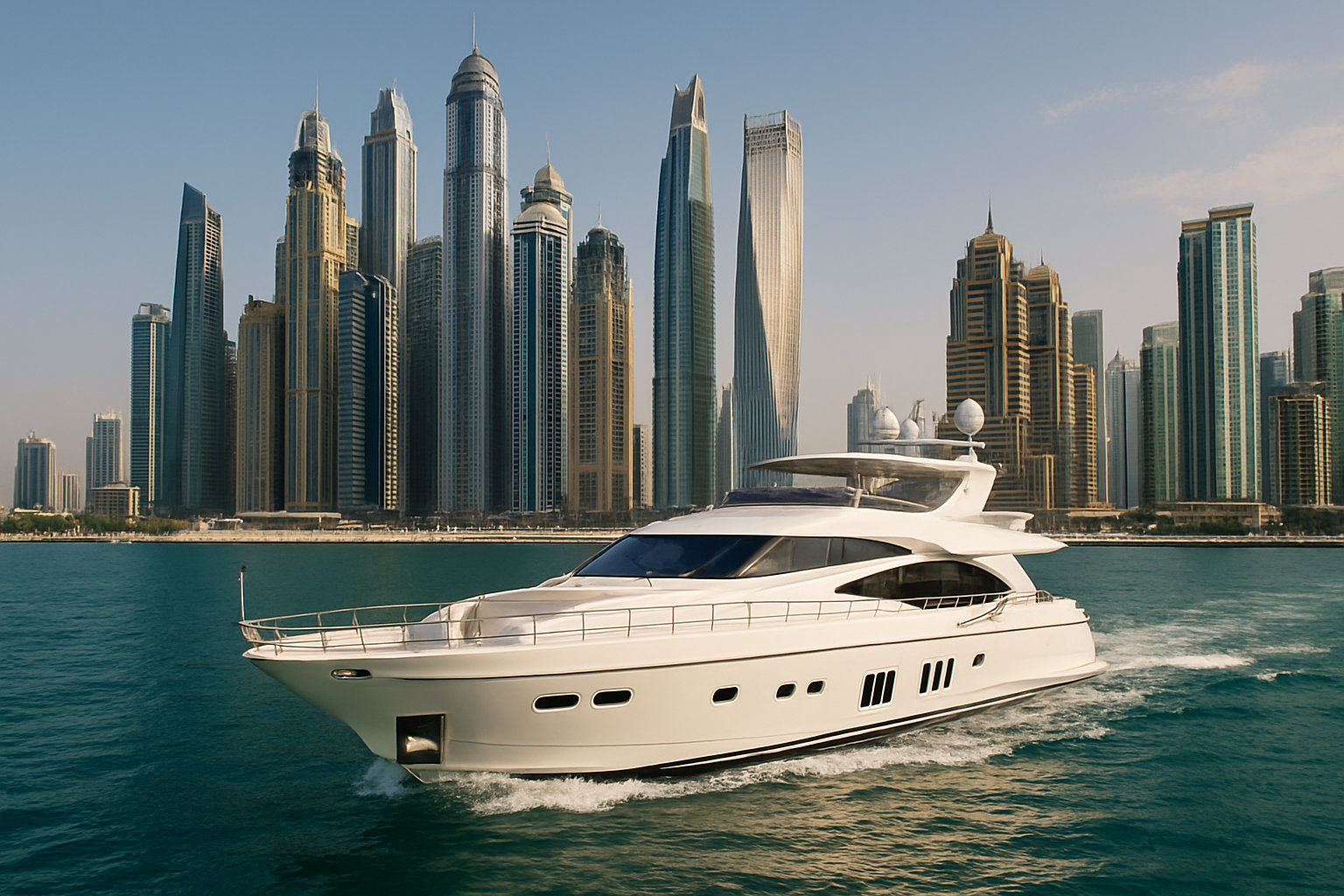 Luxury yacht sailing along Dubai Marina skyline