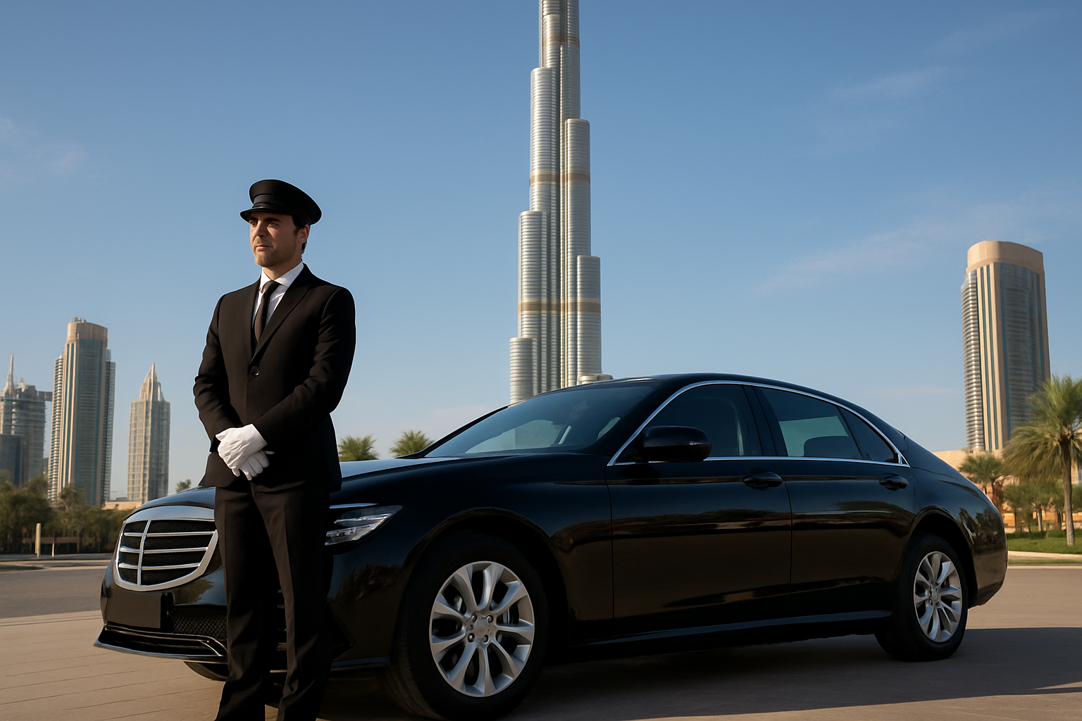 Private chauffeur-driven limousine in front of Burj Khalifa